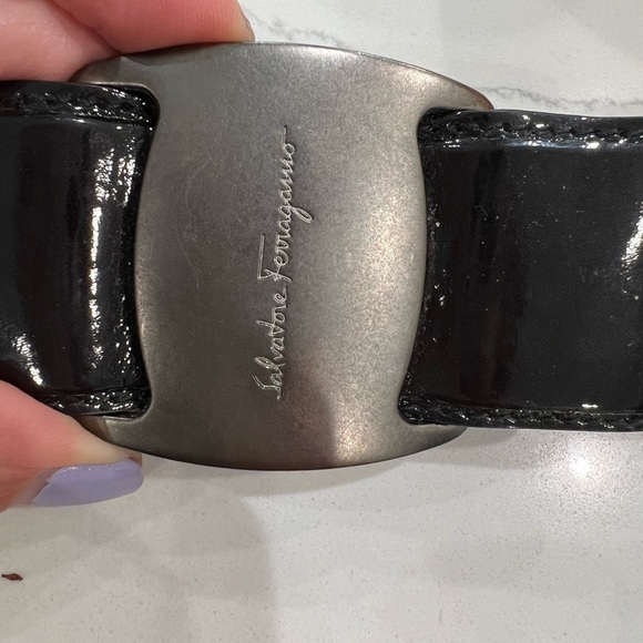 Salvatore FERRAGAMO BLACK/brown patent leather double box belt 95cm - Picture 4 of 12